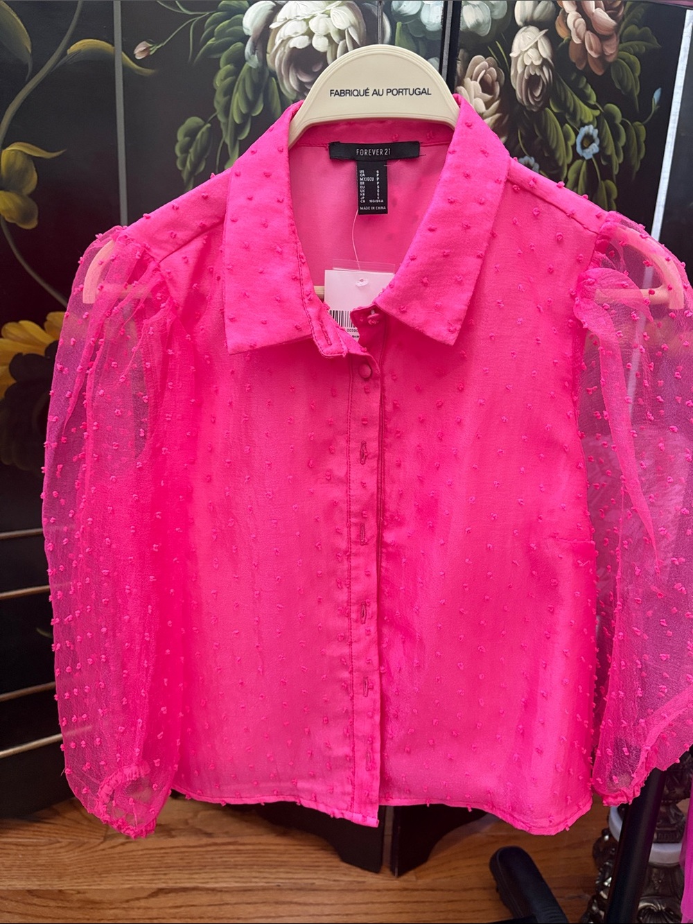 Forever 21 Hot Pink Sheer Dot Puff-Sleeve Blouse